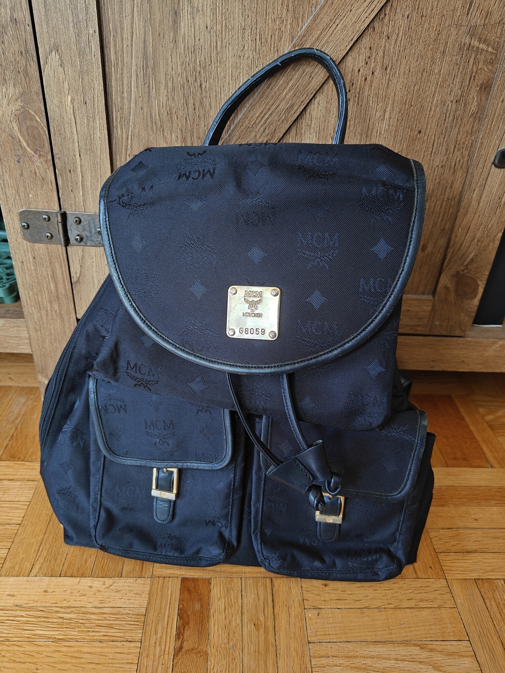 Vintage MCM Black Jacquard Monogram Backpack with Gold Plaque